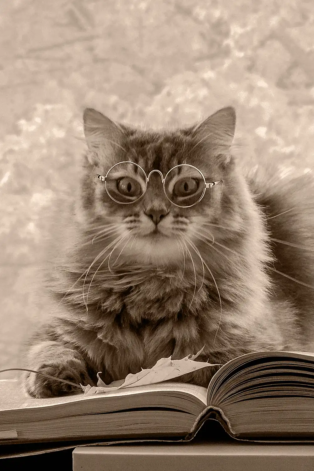 A cat wearing glasses on an open book.