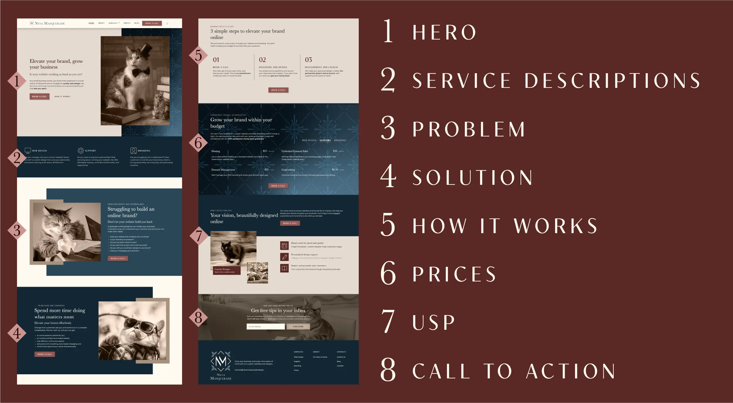 Graphic of Neva Masquerade's homepage annotating sections for: hero, services, problem, solution, how it works, prices, USP, and CTA.