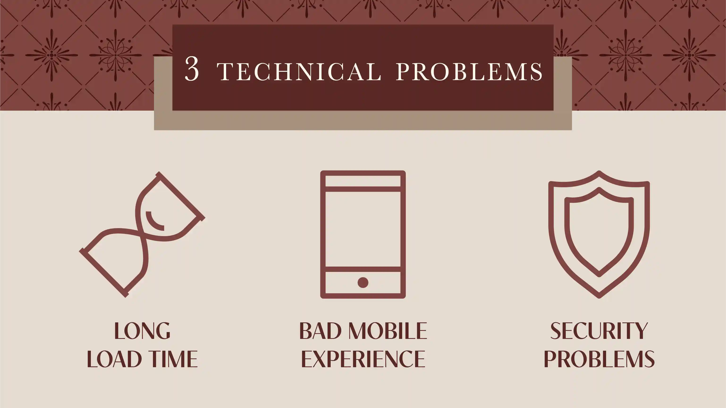 Graphic: 3 technical problems: 1) long load time; 2) bad mobile experience; and 3) security problems