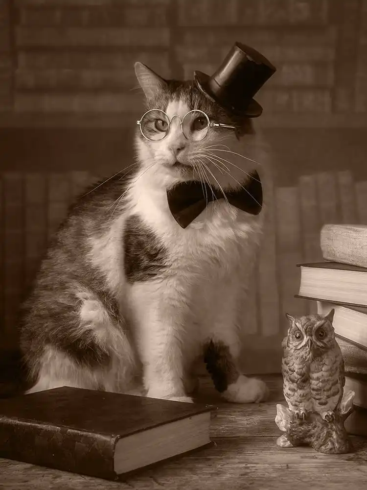 A cat wearing a tophat, glasses, and a bowtie. Conveys a feeling of timeless sophistication.