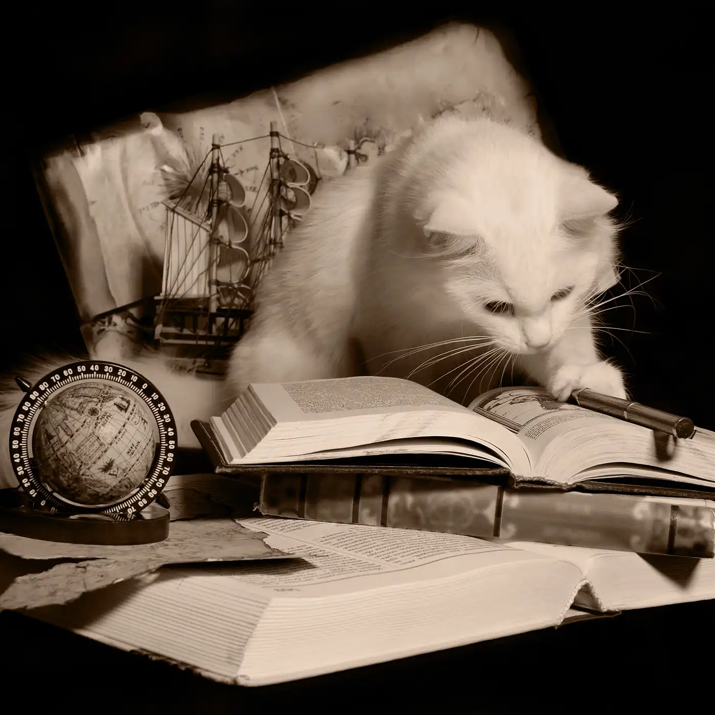 A cat studies an open book with a ship and a globe in the background.