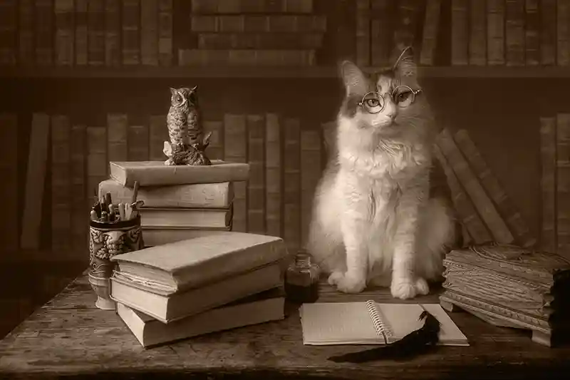A cat sits next to a stack of books.
