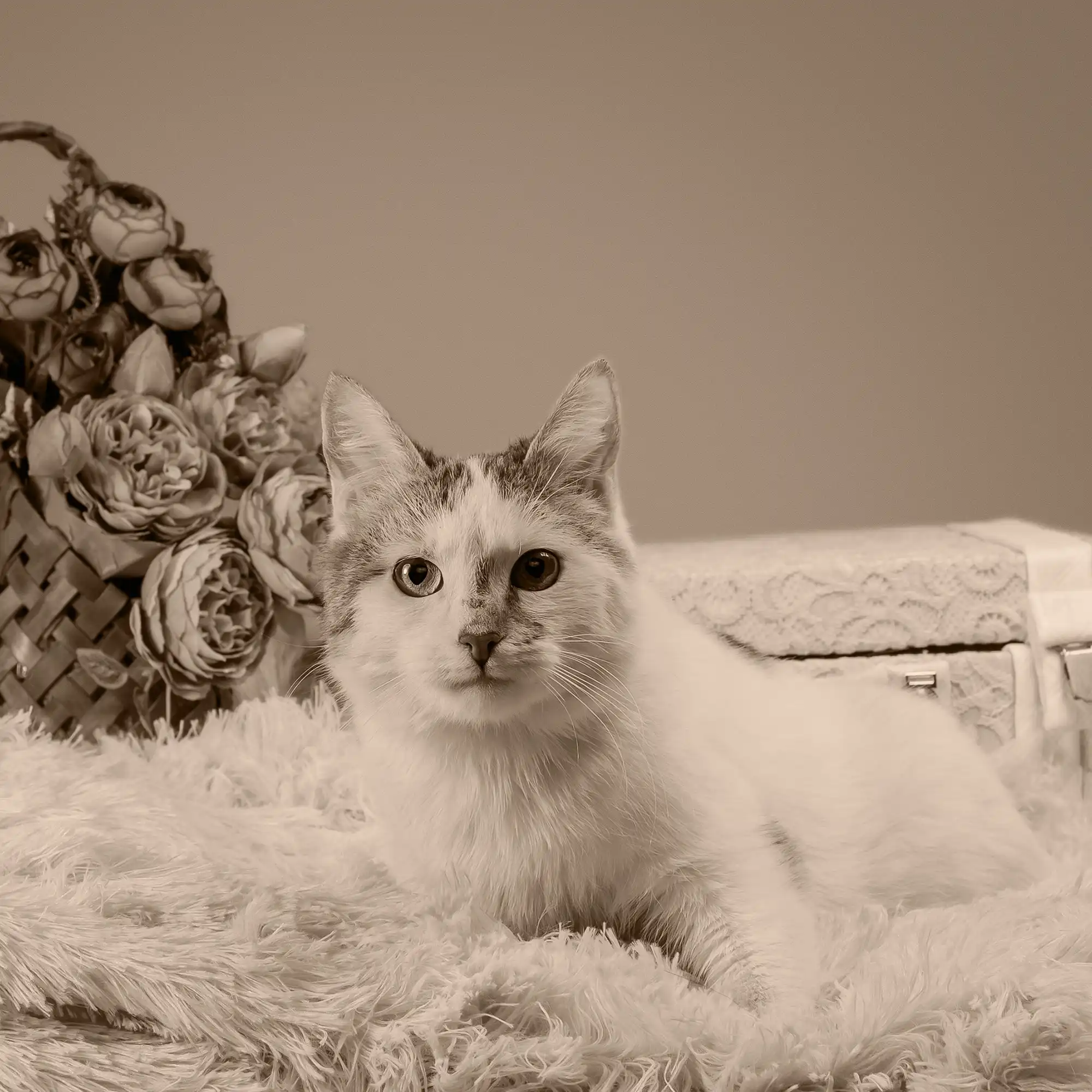 A cat lounging on fluffy material in front of a fancy box and vase of flowers.