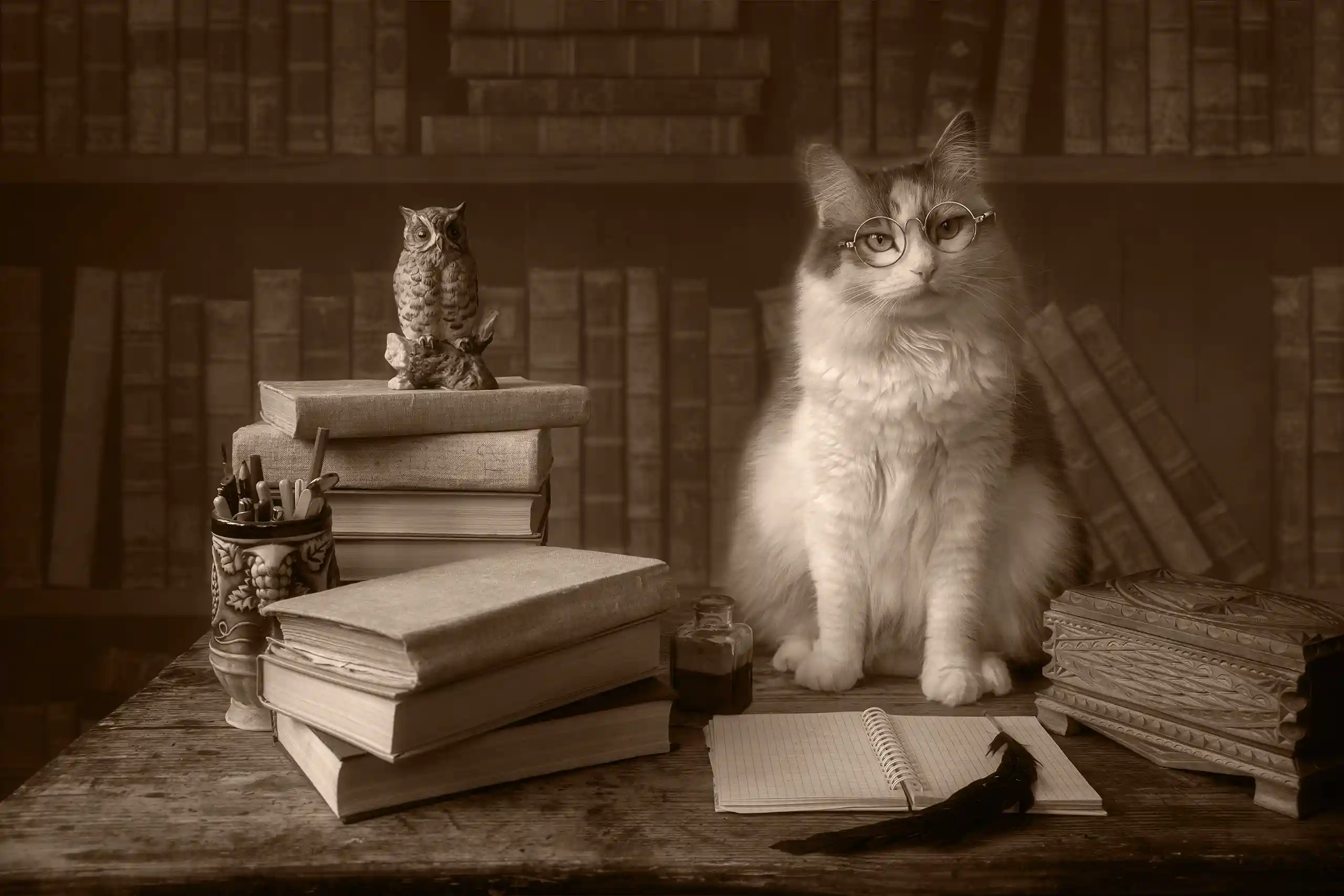 A cat wearing glasses sits next to a stack of books and an owl figurine.