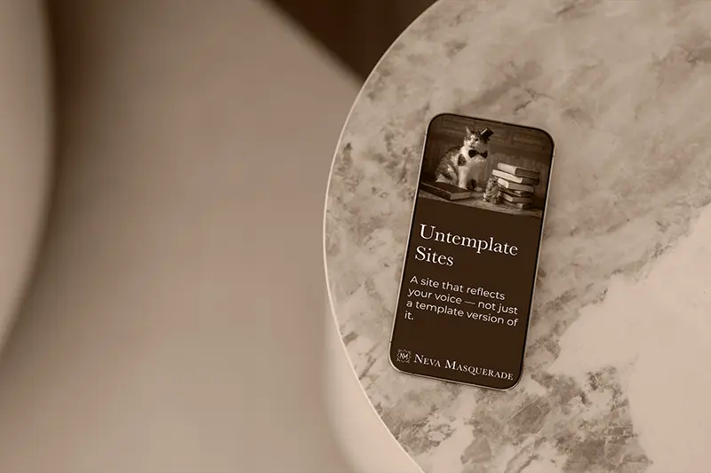 A phone displaying an Untemplate Site graphic with a cat wearing a tophat.