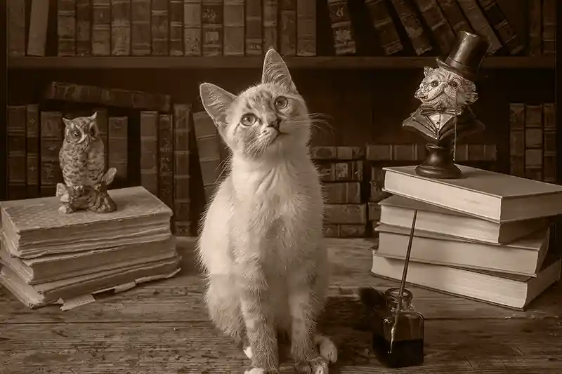 A kitten sits between book stacks and an ink well.