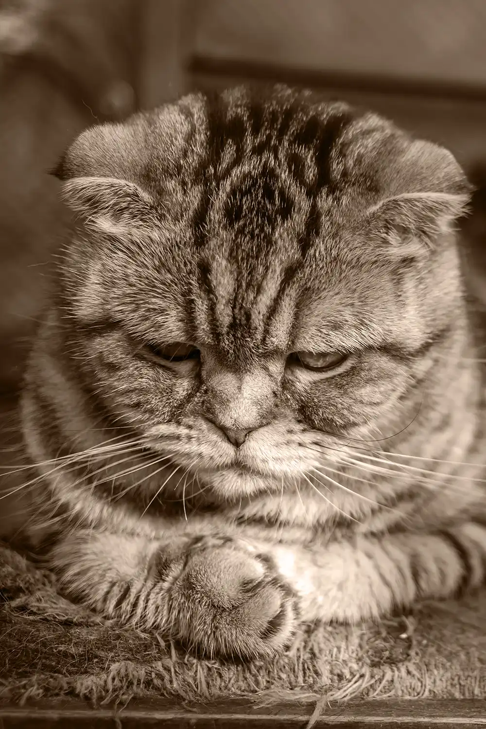A sad looking cat looks down at its paw.