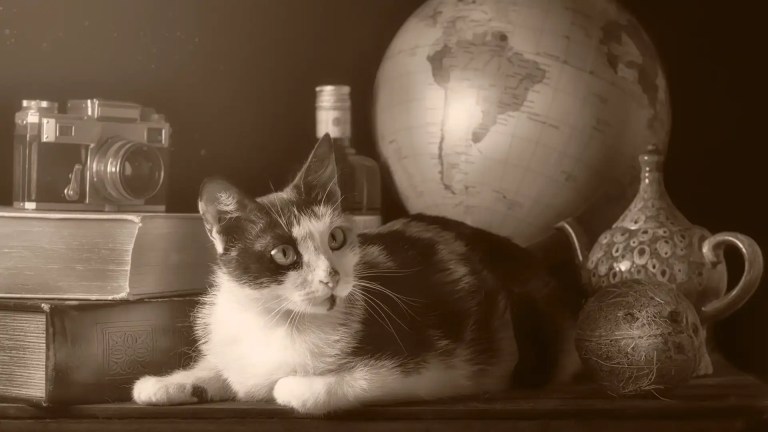 A calico cat surrounded by a globe, an old camera, and souvenirs.