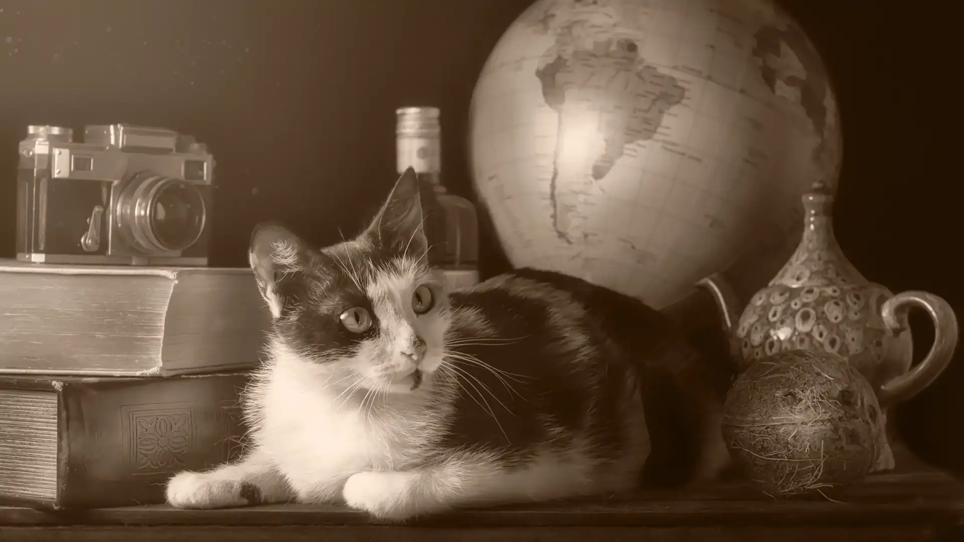 A calico cat surrounded by a globe, an old camera, and souvenirs.